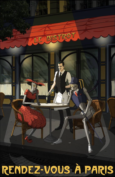 digital art of robots dining at a Parisian cafe