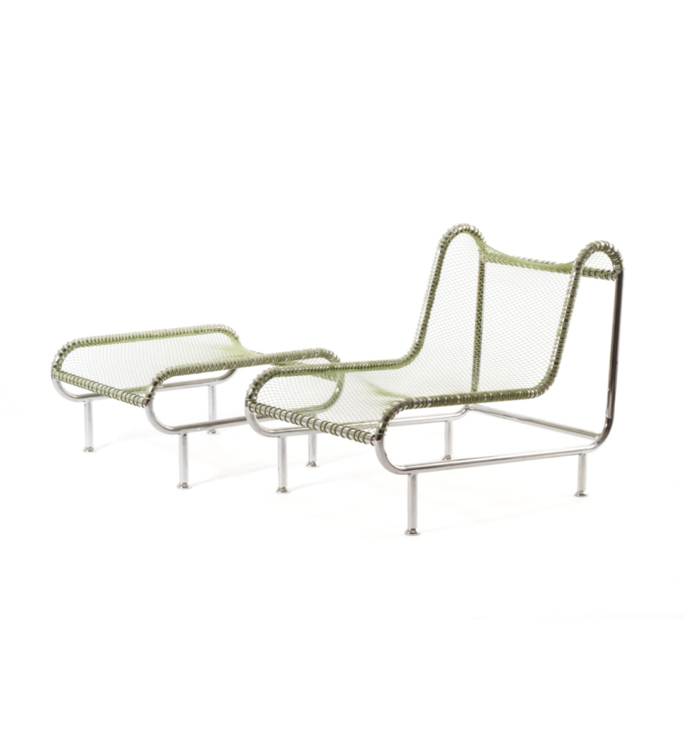 Designed by Thomas Defour, the Grand Ribaud armchair from 13Desserts is designed for "niente" in extreme conditions. Manufactured using techniques traditionally used for nautical fittings, its structure is made of welded, curved and chrome-plated lacquered steel tube. Its nylon mesh seat offers the comfort and resistance of a catamaran trampoline.