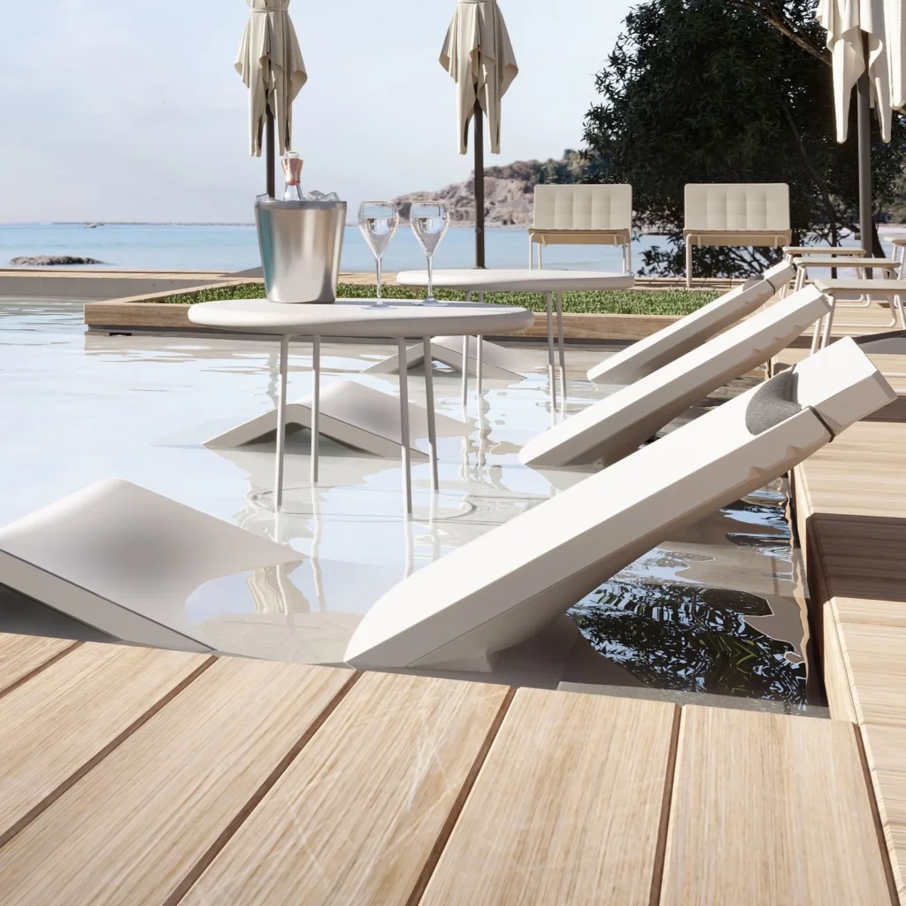 The Aqua sunbed, designed by Marc Sadler for Serralunga, represents a new exploration of the world of water and swimming pools. Suited to be used both outside the pool, as well as inside - keeping in mind a max water height of 15 cm. A rigorous profile and ergonomic solidity in perfect balance,fits with the elegance of a seashell on the shoreline. The shape is carefully designed to provide the maximum comfort. This version is completed with the designed registered Moleskin finishing, available in 3 colors and comes as a set of 2.