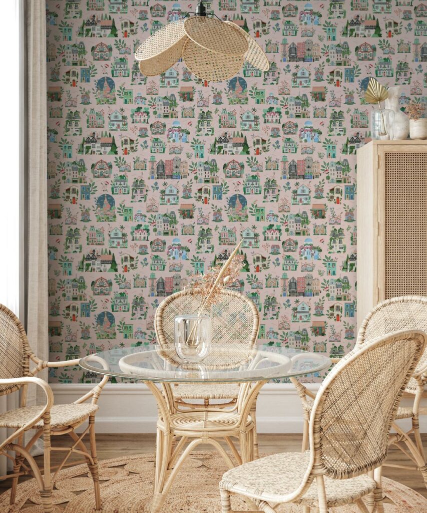 The Around the World wallpaper from Bespoke Letterpress features a charming depiction of houses from all around the world, adorned with beautiful flowers.
Each house is illustrated in loving detail, showcasing unique architectural styles from various countries.