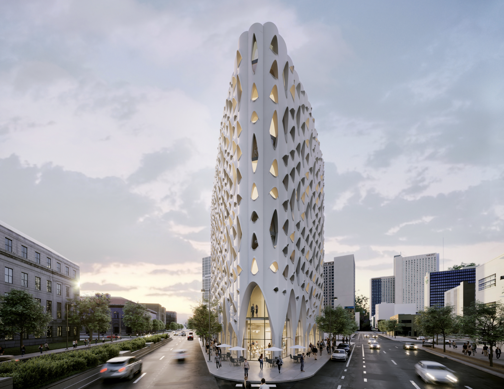 rendering of modern architectural hotel with biophilic design