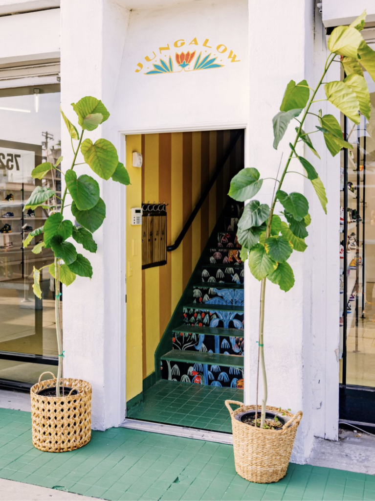 stairs entrance to the Jungalow pop up shop on Melrose in Los Angeles