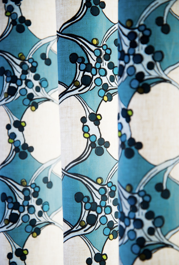 The Fungal Spores Link - Teal on Ivory fabric underscores the important connective role that fungi, and the spores that produce them, play in the fragile ecosystems of our natural world. 