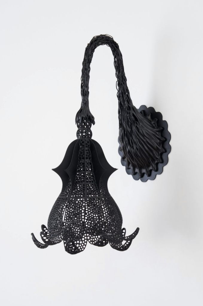 3D-printed of biodegradable 2-nylon-6 nylon, plated in bronze; attaches to plated metal wall plate with cleat and 2 screws (included), for ease of assembly. 