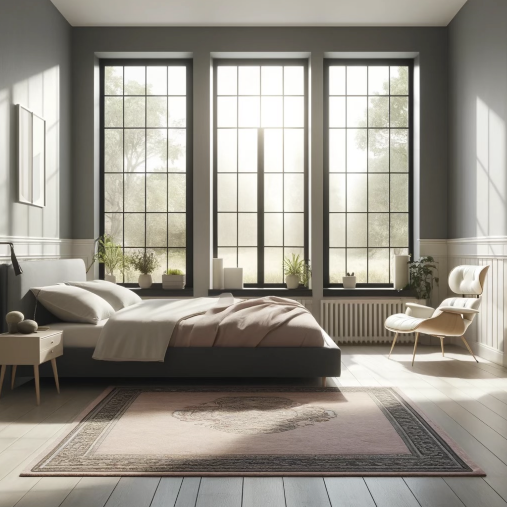 Dall-e prompted room scene: Render a serene and sunny bedroom with three double hung windows on the left wall, a white oak floor with a pale pink oriental rug, a dark grey BluDot Nook bed across from the windows on the right side wall and a cream leather Eames chair by the windows. 