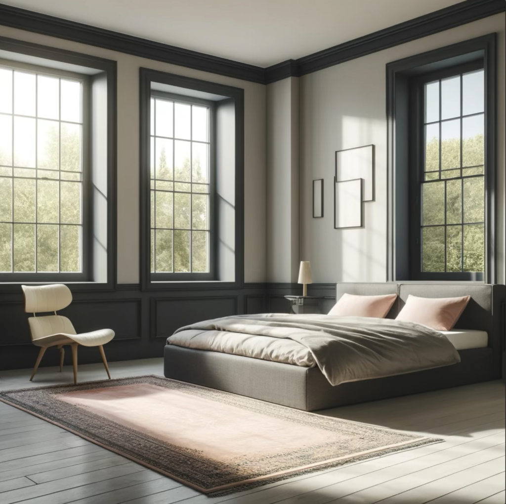 Dall-e prompted room scene: Render a serene and sunny bedroom with three double hung windows on the left wall, a white oak floor with a pale pink oriental rug, a dark grey BluDot Nook bed across from the windows on the right side wall and a cream leather Eames chair by the windows. 